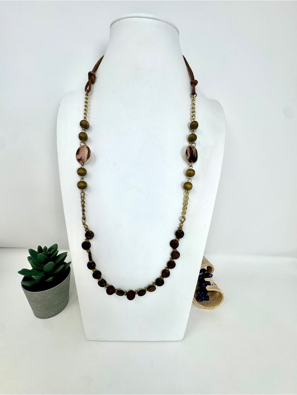 Bohemian Layered Long Statement Necklace Wood & Gold Tone Accents Earthy